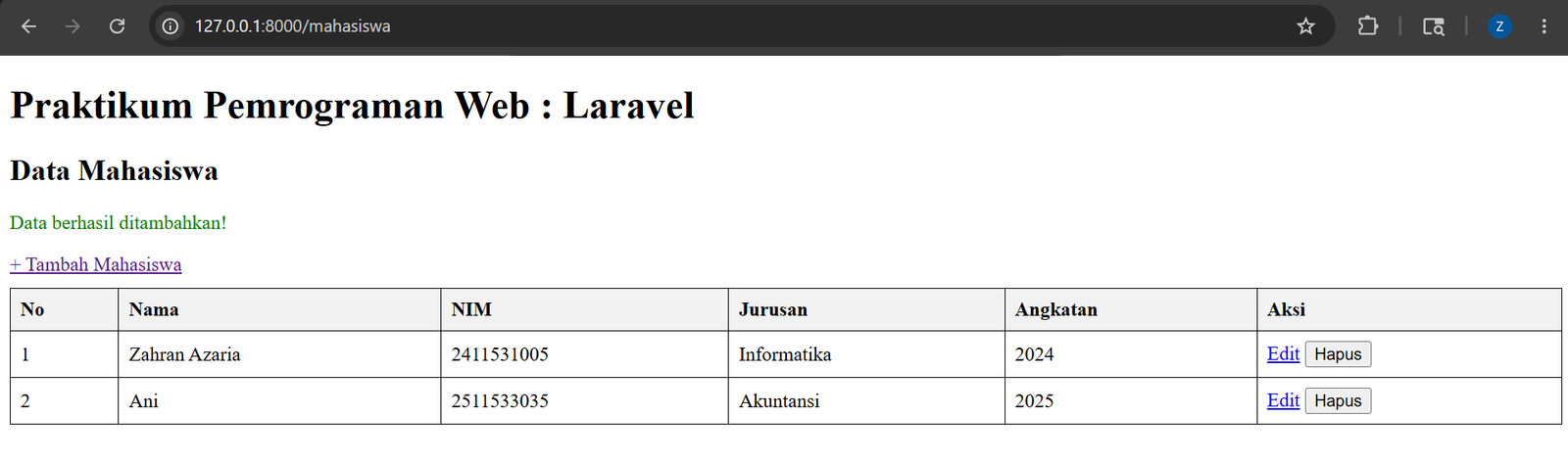 Tampilan form tambah mahasiswa